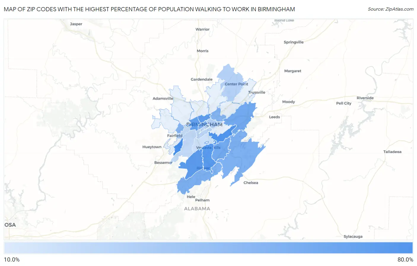 Zip Codes with the Highest Percentage of Population Walking to Work in Birmingham Map