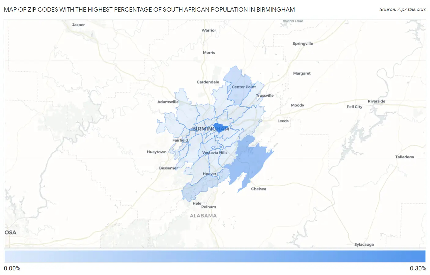 Zip Codes with the Highest Percentage of South African Population in Birmingham Map
