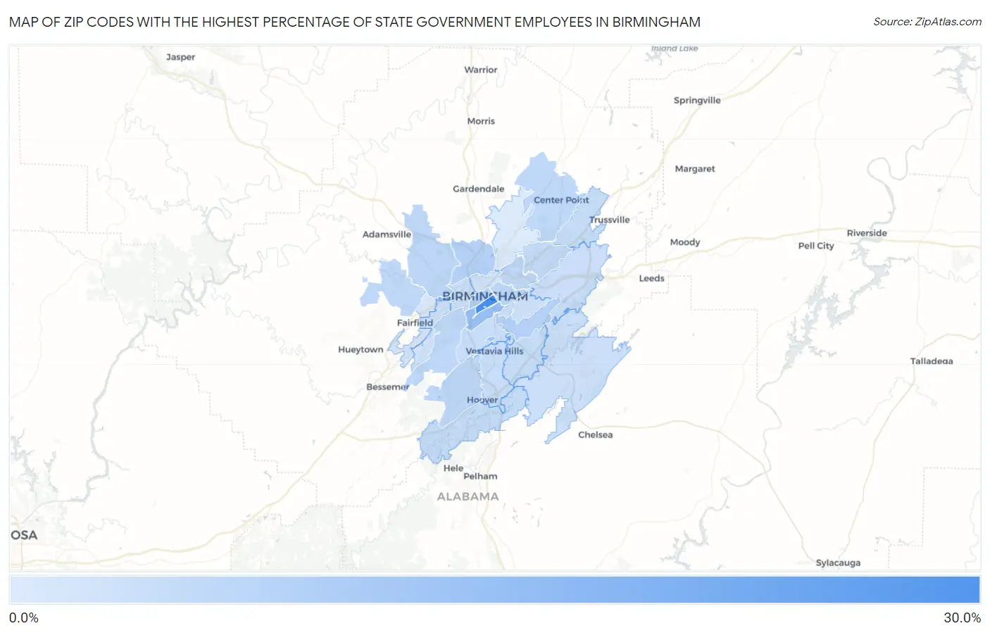 Zip Codes with the Highest Percentage of State Government Employees in Birmingham Map