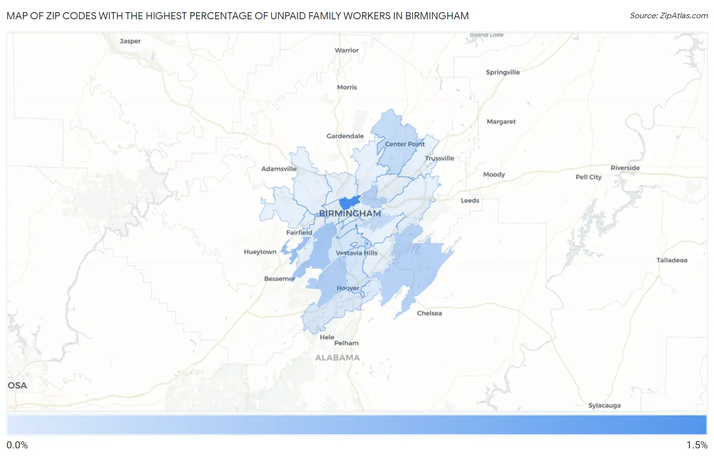 Zip Codes with the Highest Percentage of Unpaid Family Workers in Birmingham Map