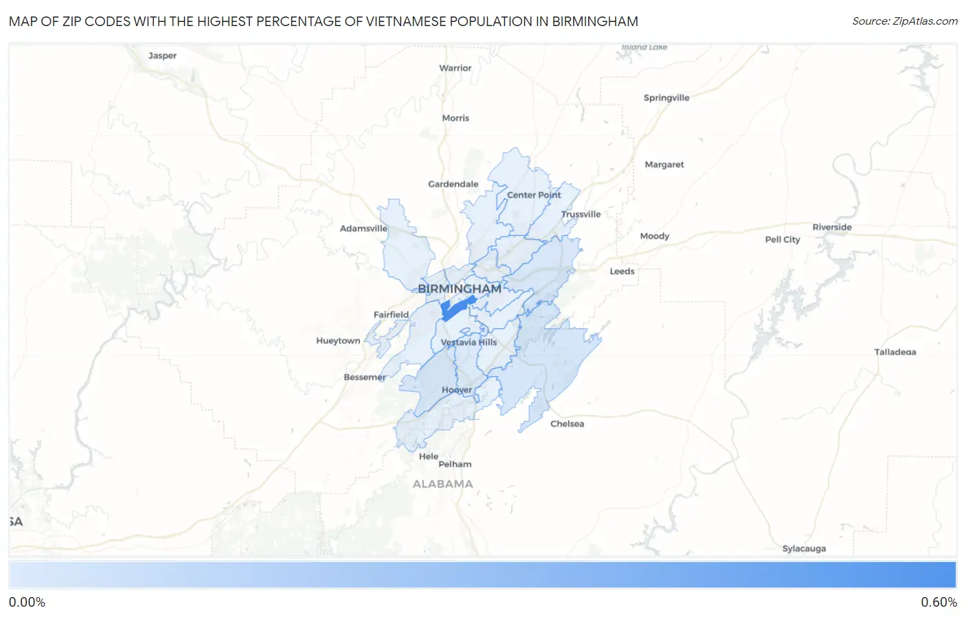Zip Codes with the Highest Percentage of Vietnamese Population in Birmingham Map