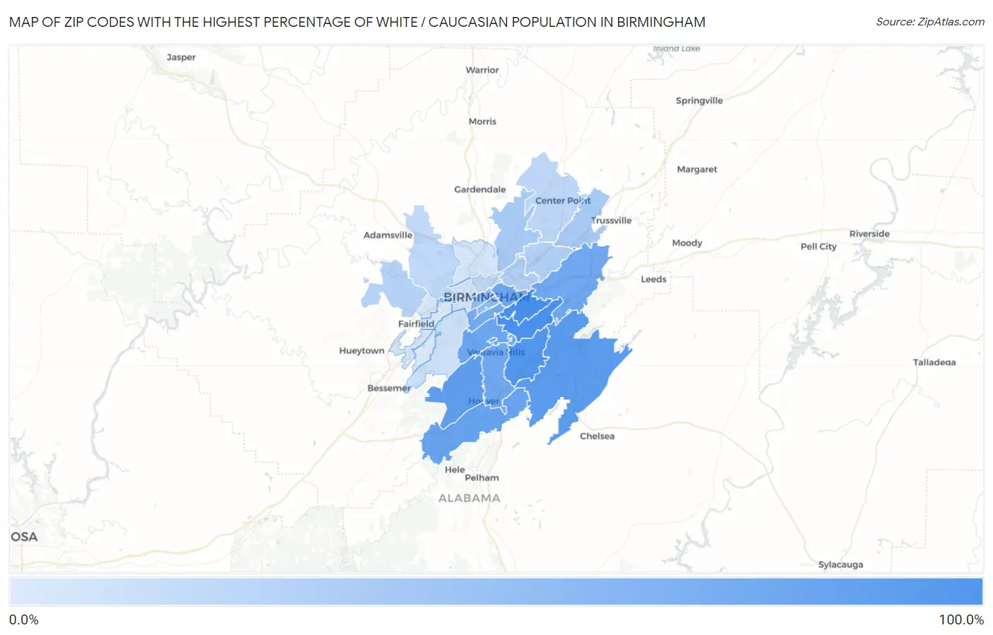 Zip Codes with the Highest Percentage of White / Caucasian Population in Birmingham Map