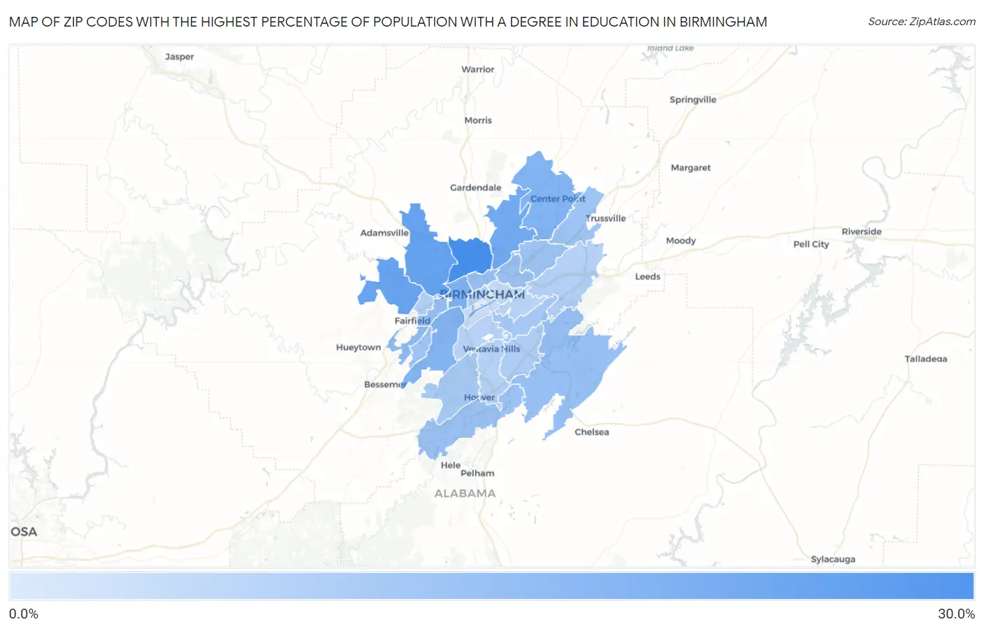 Zip Codes with the Highest Percentage of Population with a Degree in Education in Birmingham Map