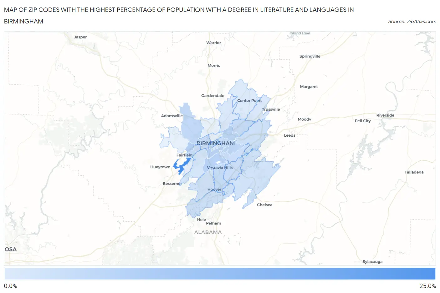 Zip Codes with the Highest Percentage of Population with a Degree in Literature and Languages in Birmingham Map