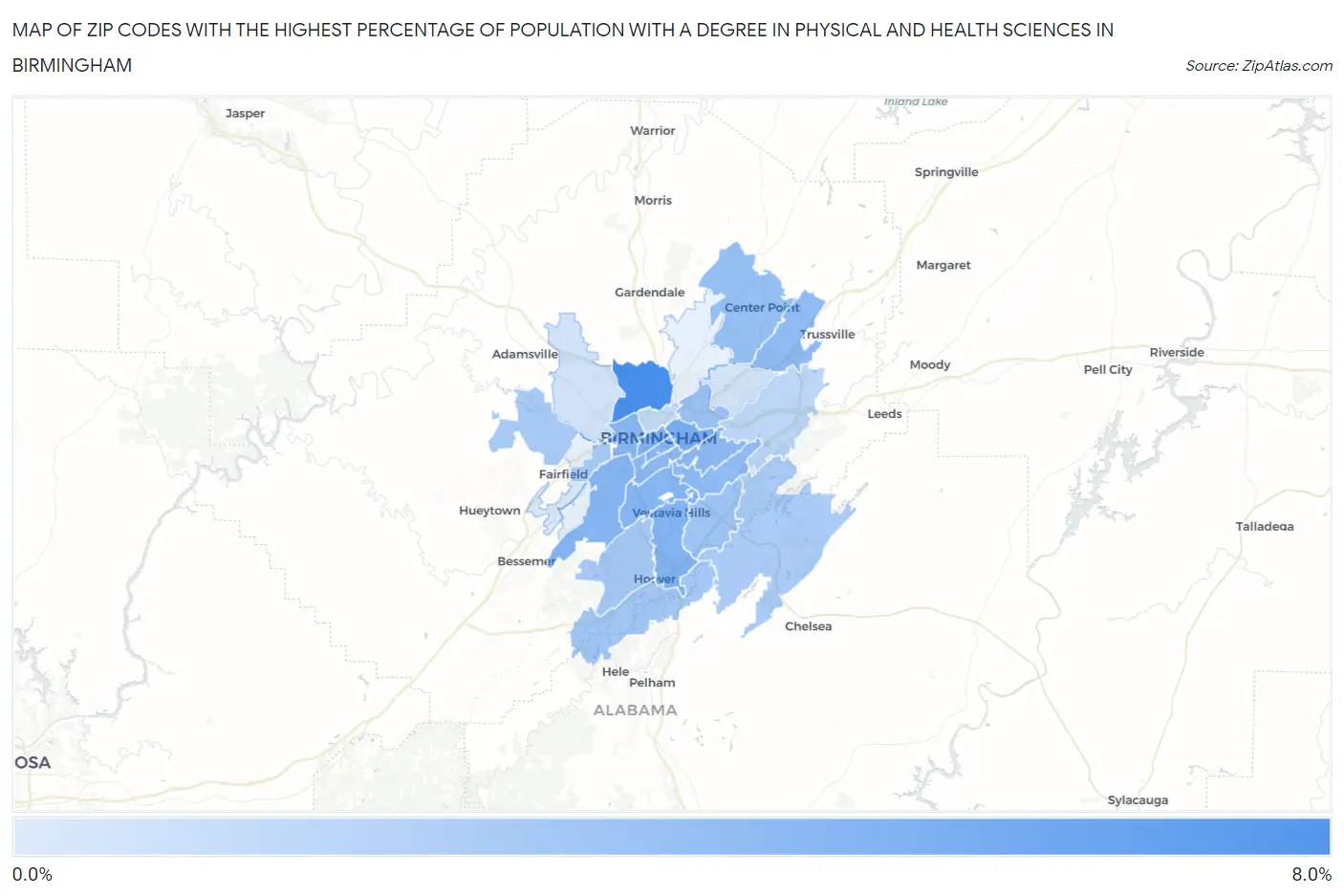 Zip Codes with the Highest Percentage of Population with a Degree in Physical and Health Sciences in Birmingham Map