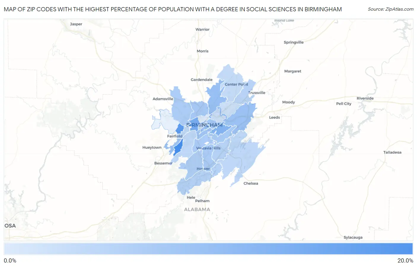 Zip Codes with the Highest Percentage of Population with a Degree in Social Sciences in Birmingham Map