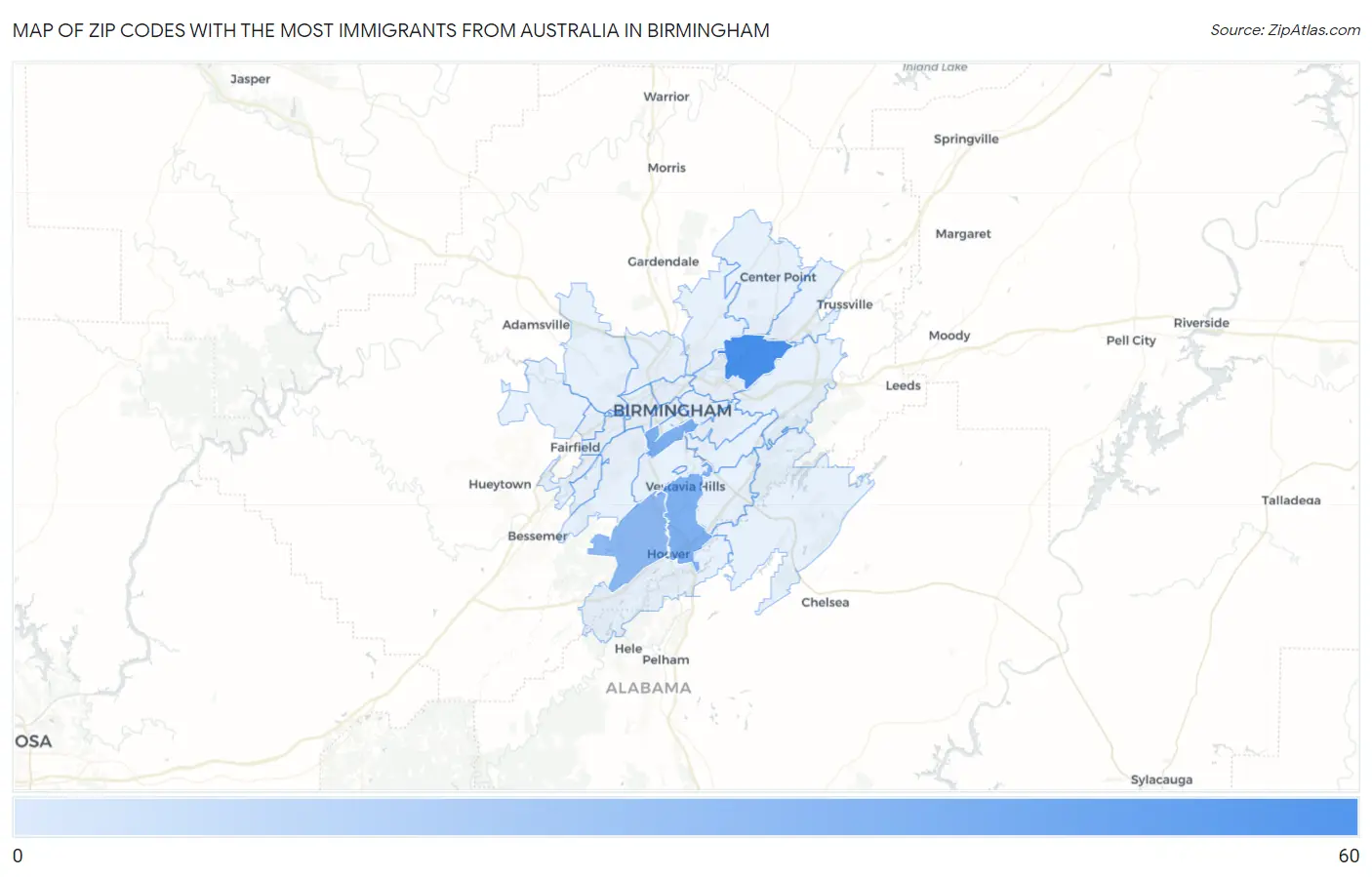 Zip Codes with the Most Immigrants from Australia in Birmingham Map