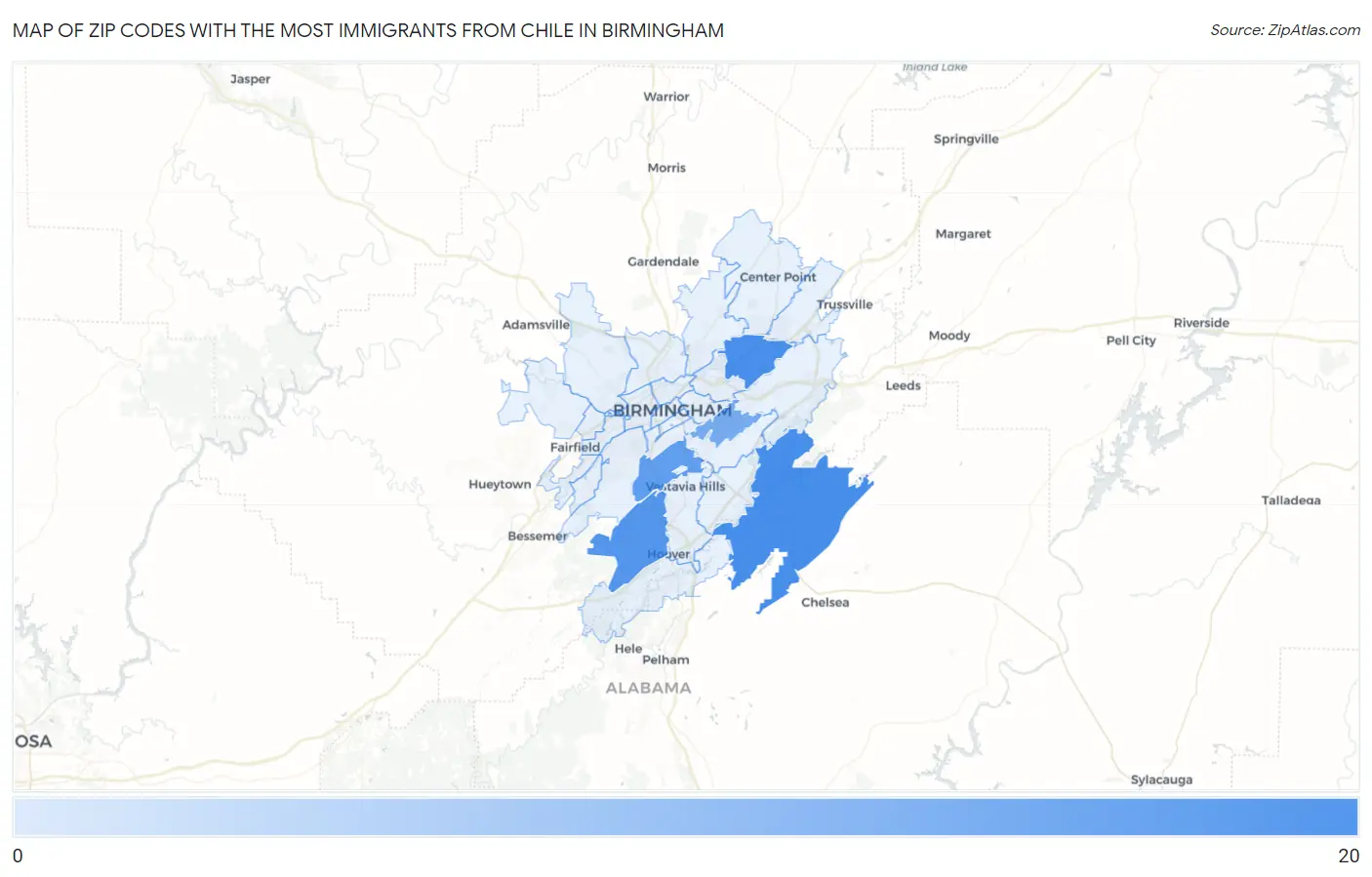 Zip Codes with the Most Immigrants from Chile in Birmingham Map