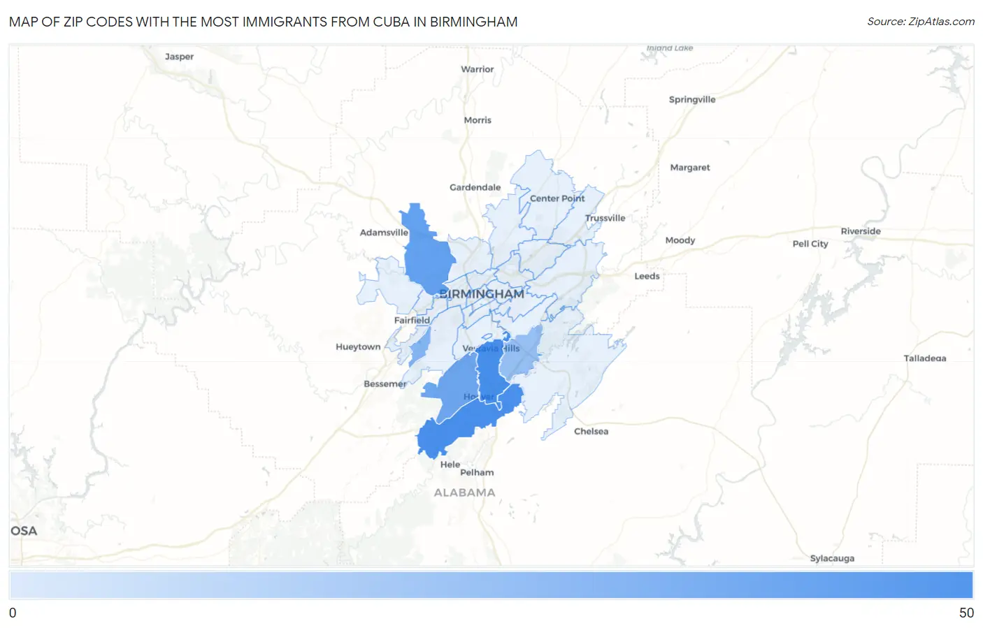 Zip Codes with the Most Immigrants from Cuba in Birmingham Map