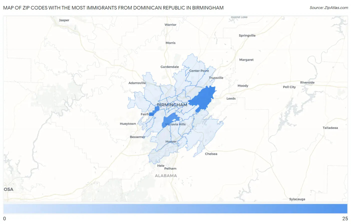Zip Codes with the Most Immigrants from Dominican Republic in Birmingham Map