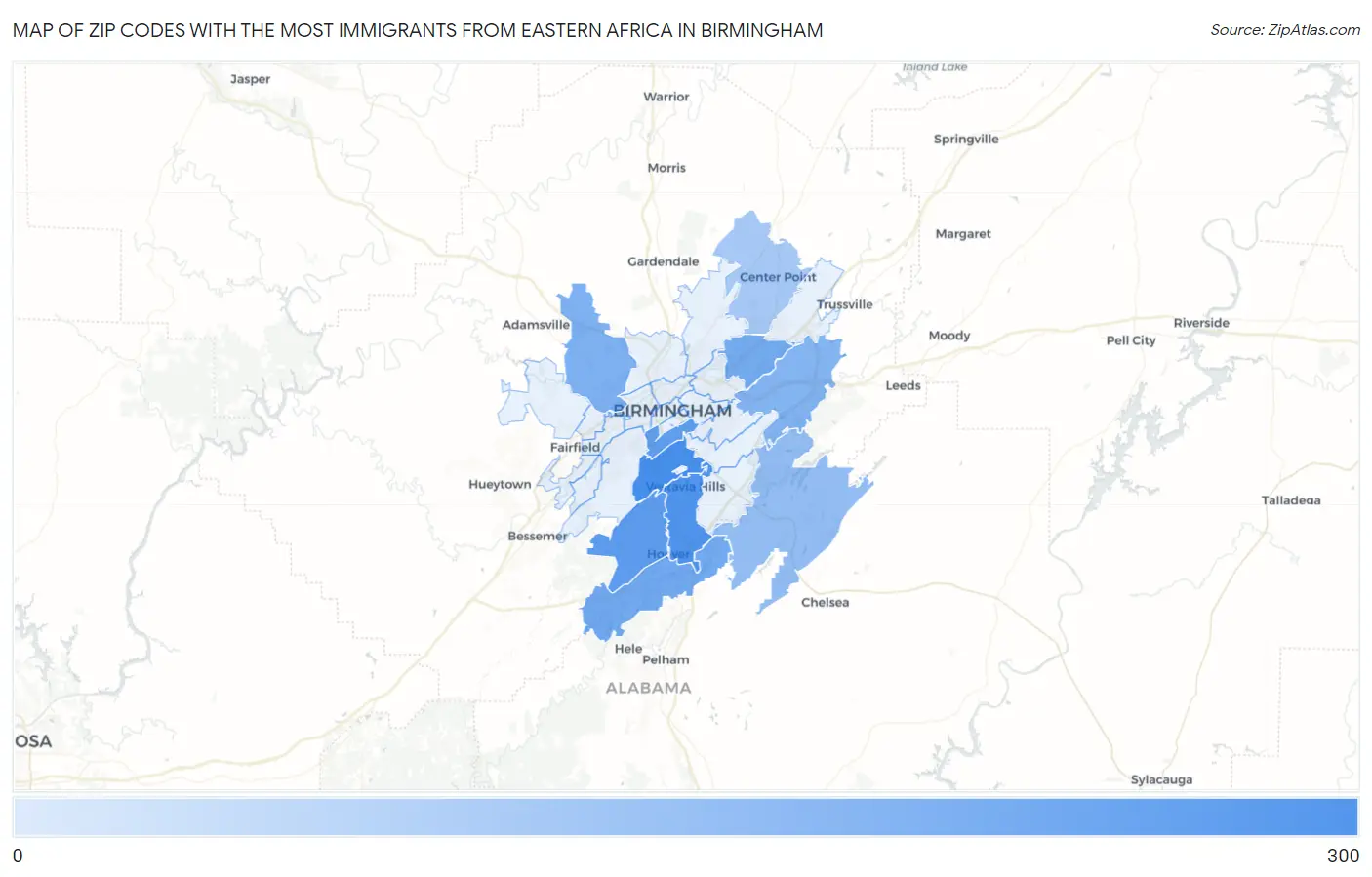 Zip Codes with the Most Immigrants from Eastern Africa in Birmingham Map