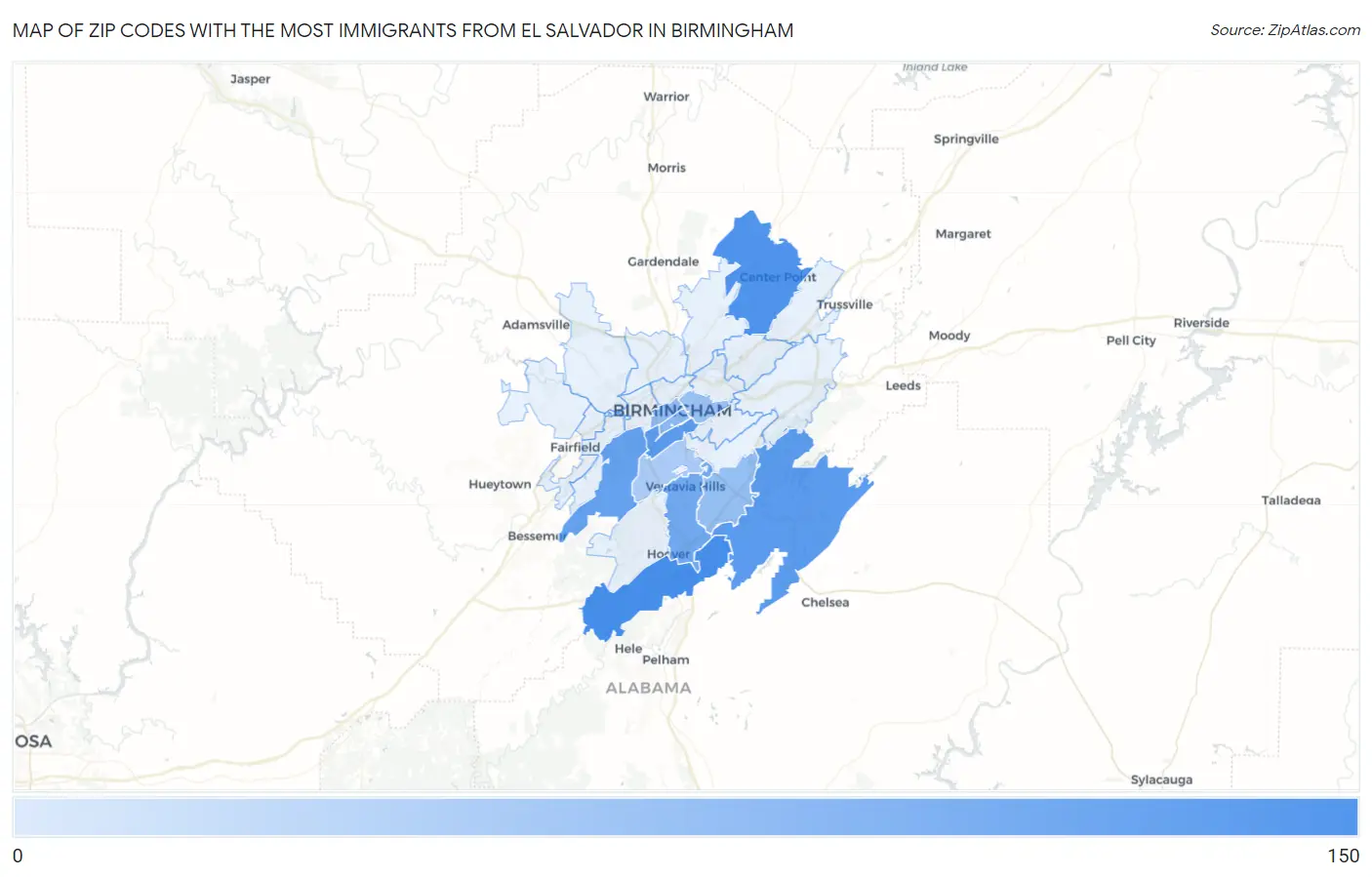 Zip Codes with the Most Immigrants from El Salvador in Birmingham Map
