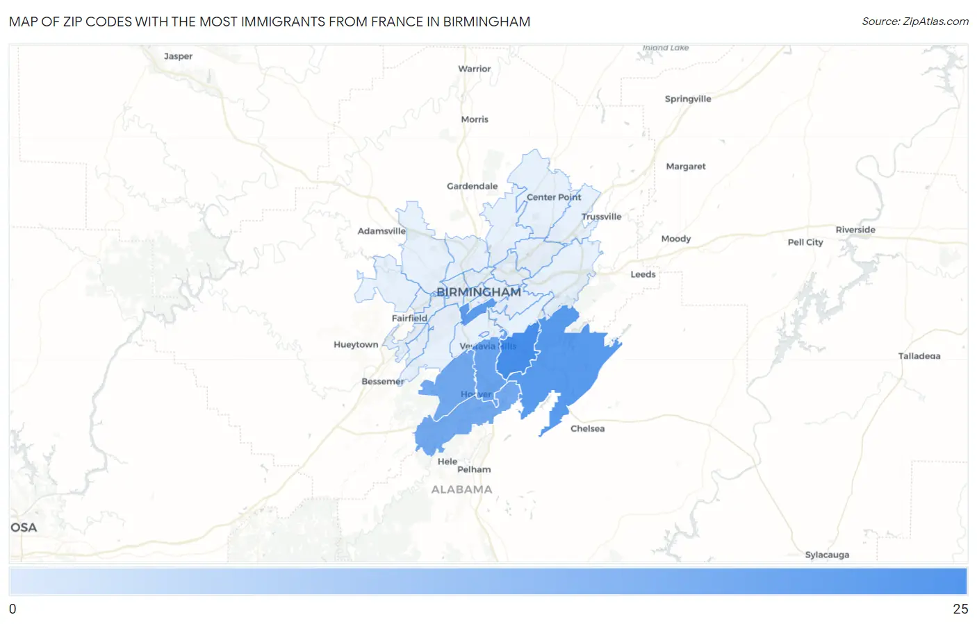 Zip Codes with the Most Immigrants from France in Birmingham Map
