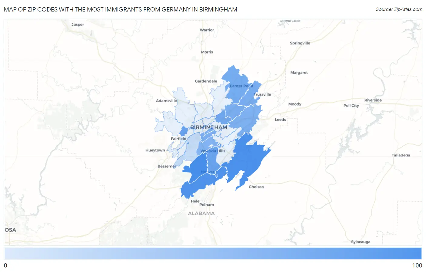 Zip Codes with the Most Immigrants from Germany in Birmingham Map