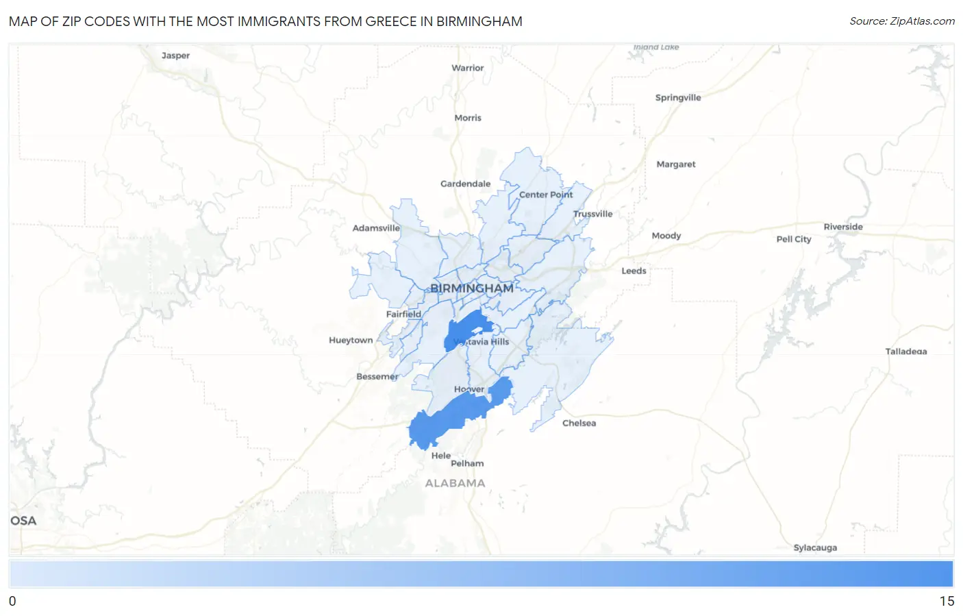 Zip Codes with the Most Immigrants from Greece in Birmingham Map