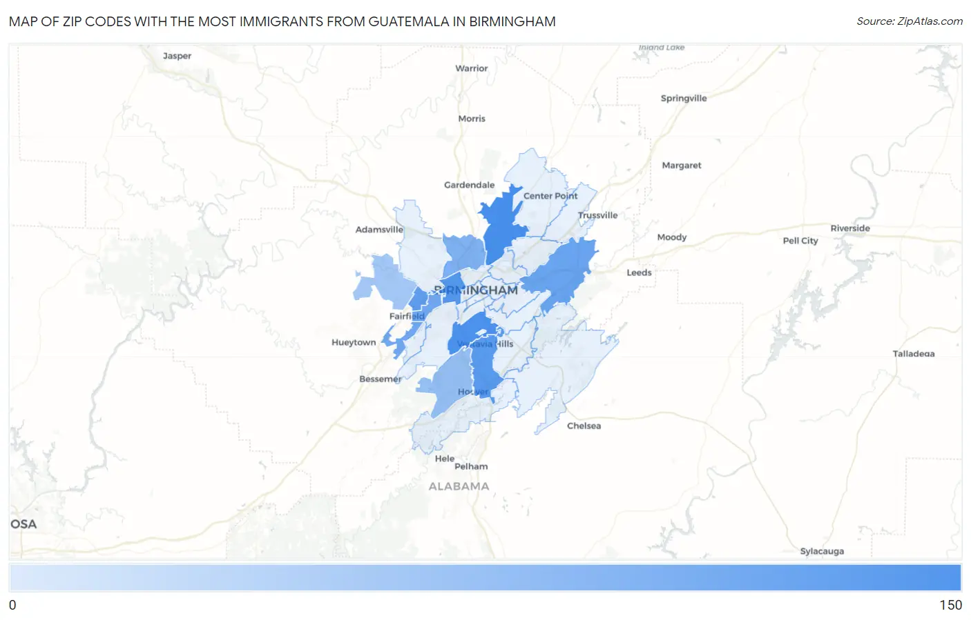 Zip Codes with the Most Immigrants from Guatemala in Birmingham Map