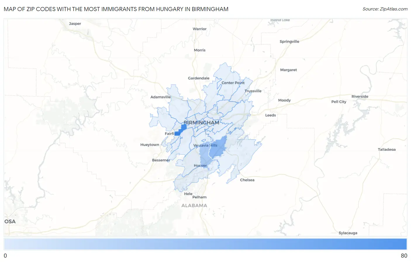 Zip Codes with the Most Immigrants from Hungary in Birmingham Map
