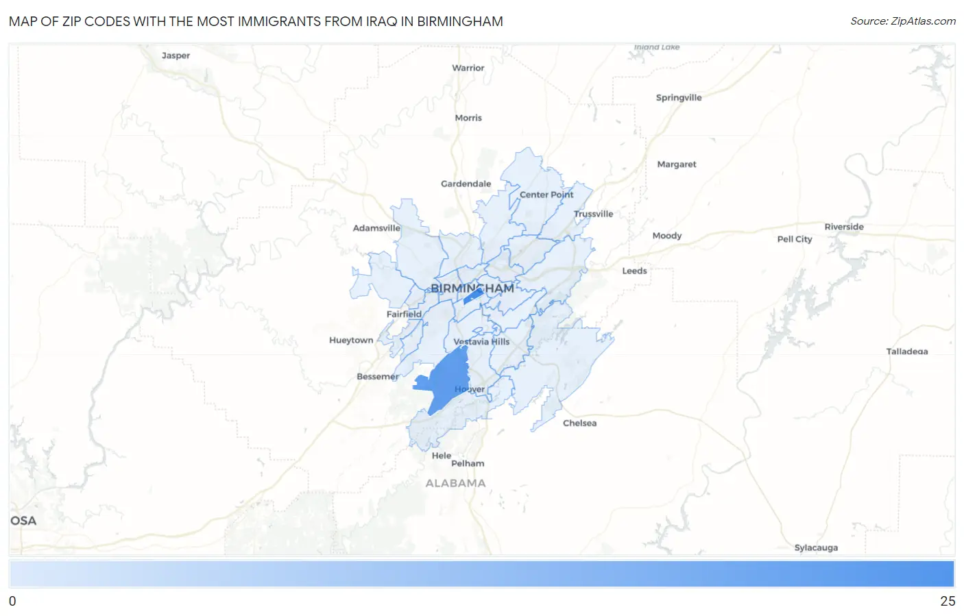 Zip Codes with the Most Immigrants from Iraq in Birmingham Map