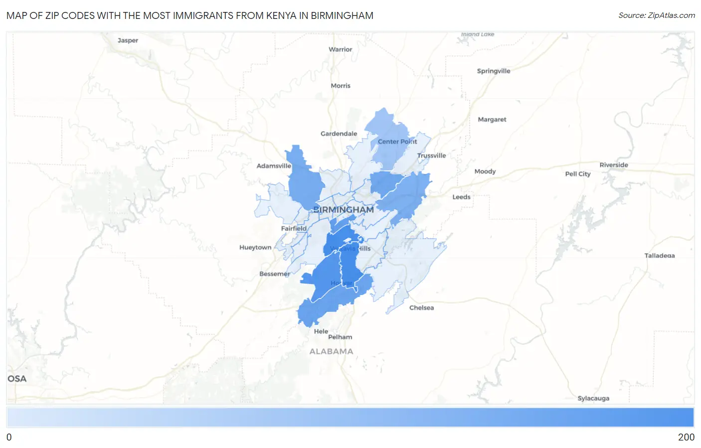Zip Codes with the Most Immigrants from Kenya in Birmingham Map