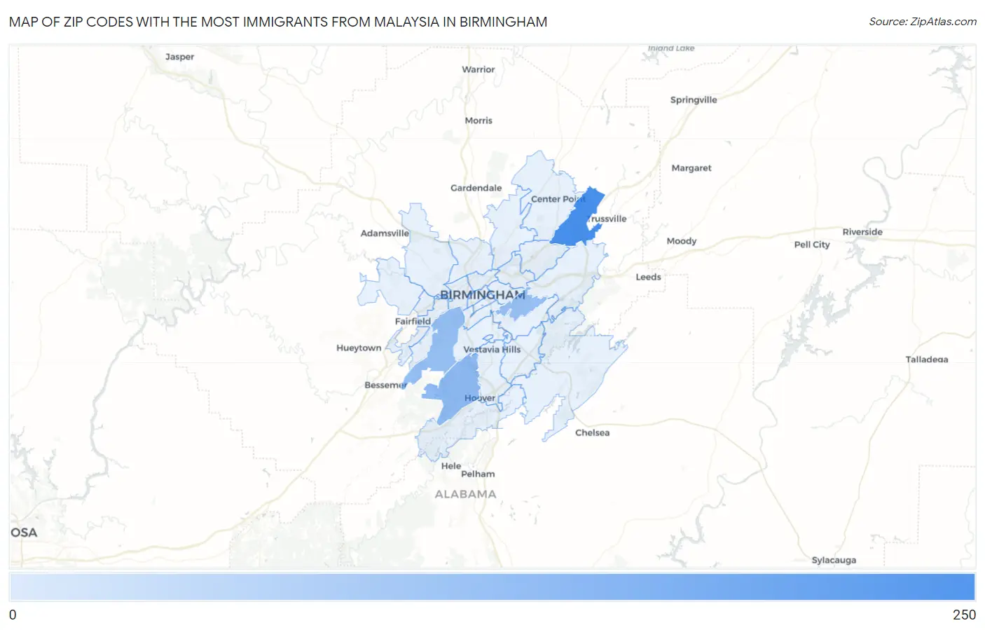 Zip Codes with the Most Immigrants from Malaysia in Birmingham Map