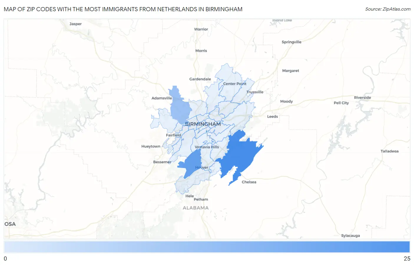 Zip Codes with the Most Immigrants from Netherlands in Birmingham Map