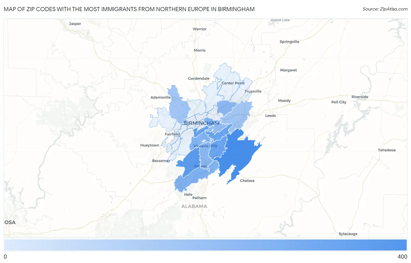 Zip Codes with the Most Immigrants from Northern Europe in Birmingham Map
