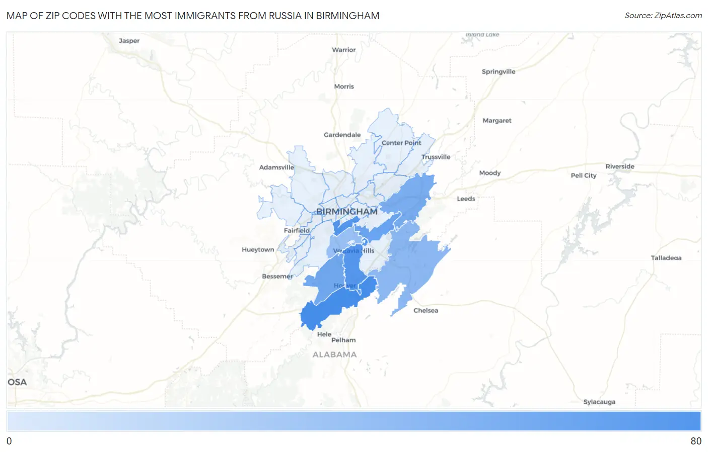 Zip Codes with the Most Immigrants from Russia in Birmingham Map