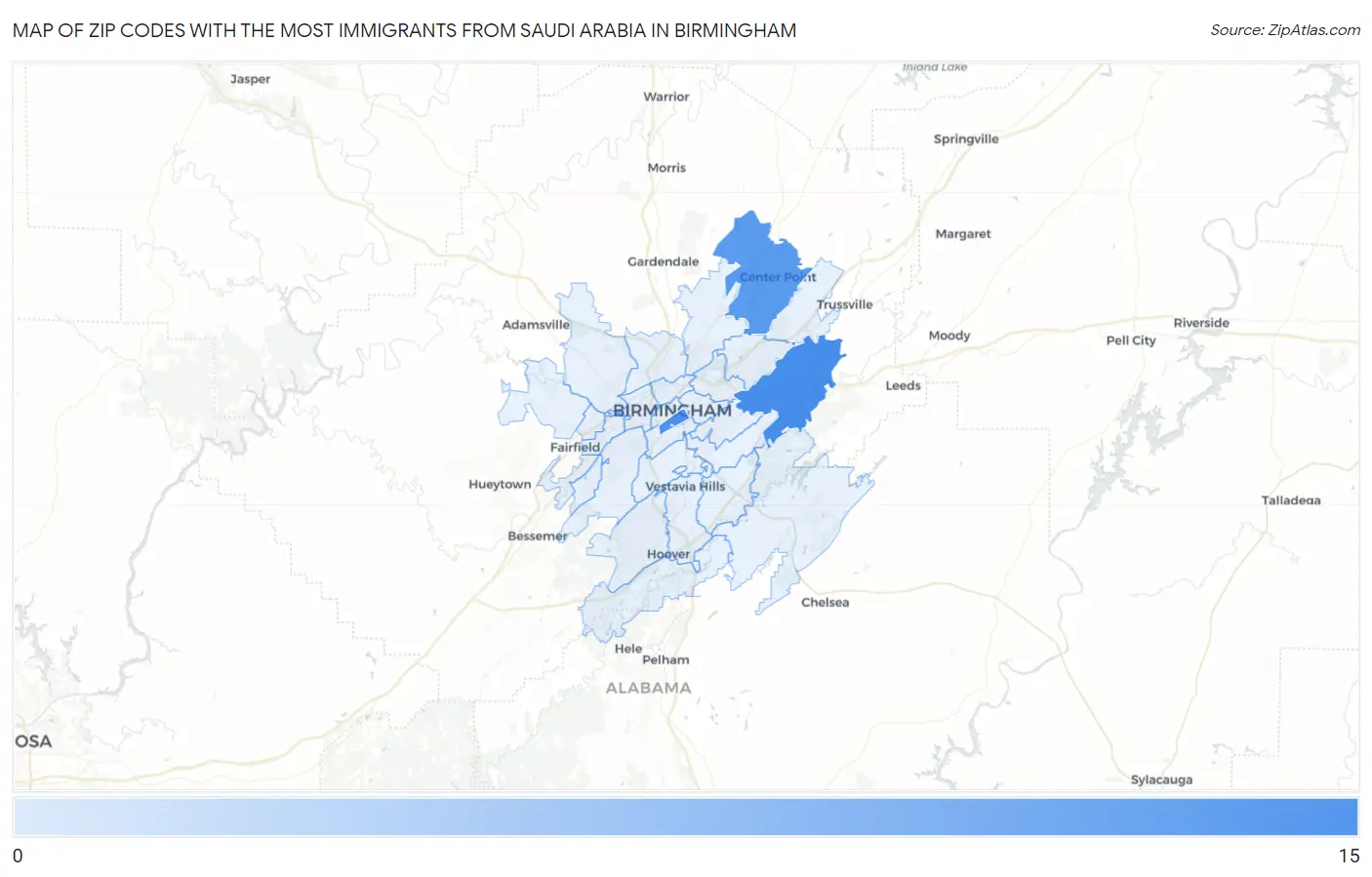 Zip Codes with the Most Immigrants from Saudi Arabia in Birmingham Map