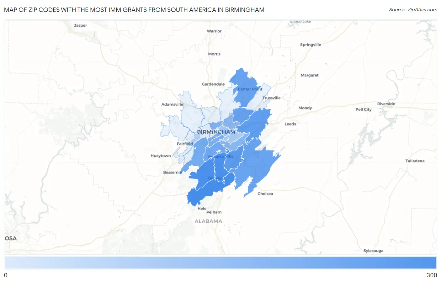 Zip Codes with the Most Immigrants from South America in Birmingham Map