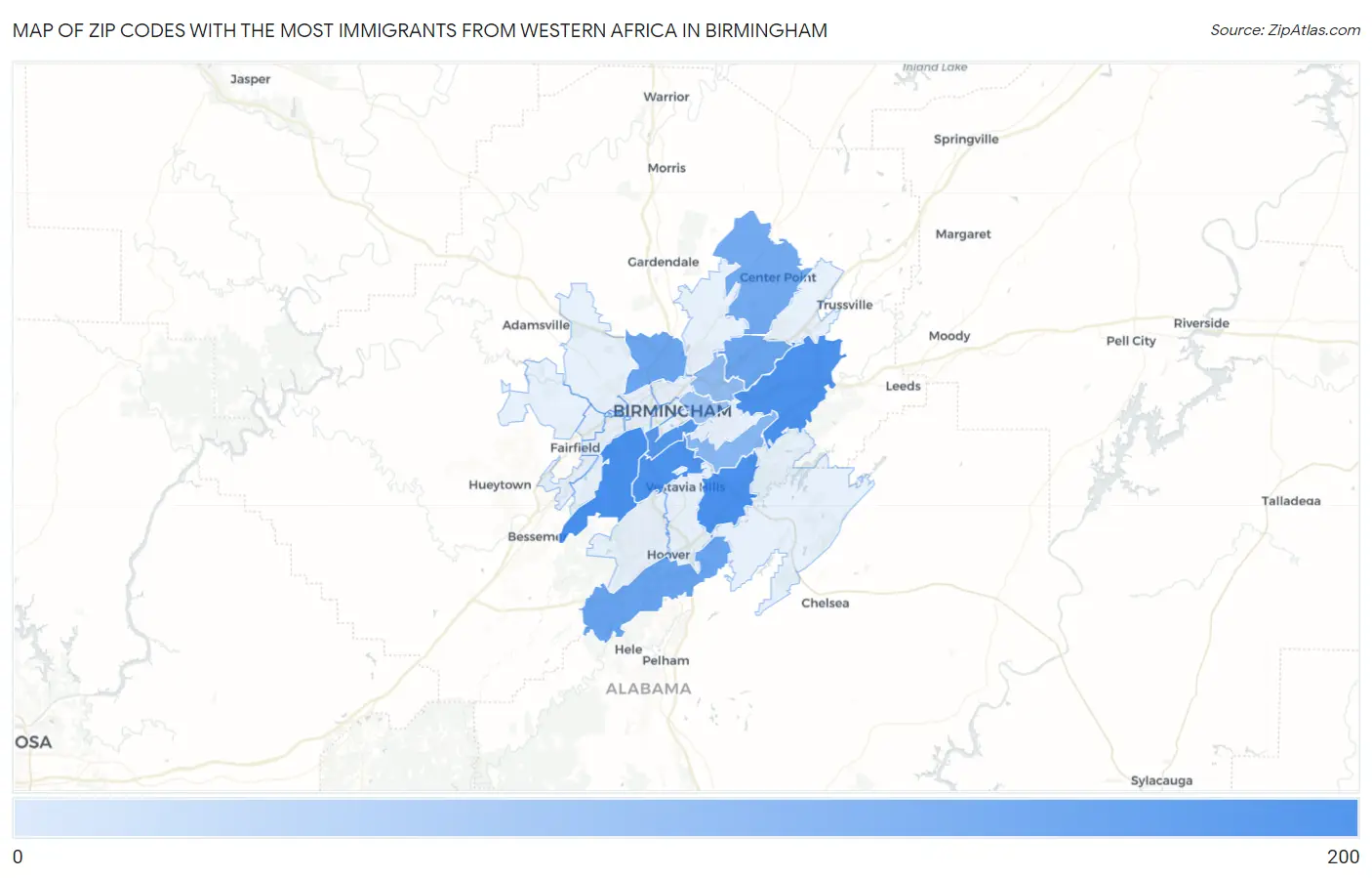 Zip Codes with the Most Immigrants from Western Africa in Birmingham Map