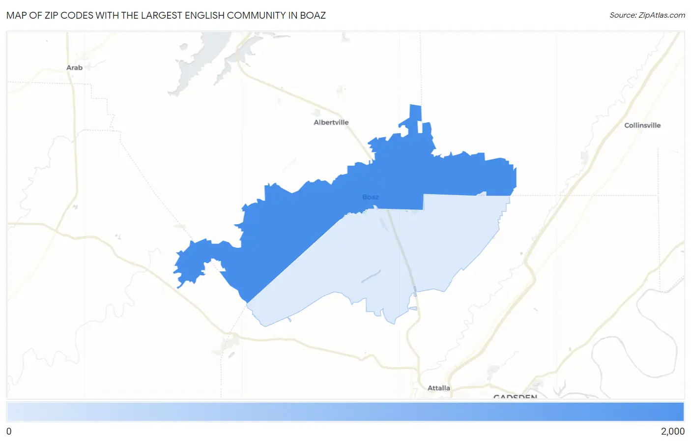 Zip Codes with the Largest English Community in Boaz Map
