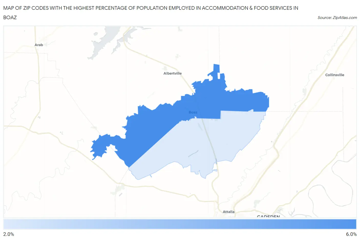 Zip Codes with the Highest Percentage of Population Employed in Accommodation & Food Services in Boaz Map