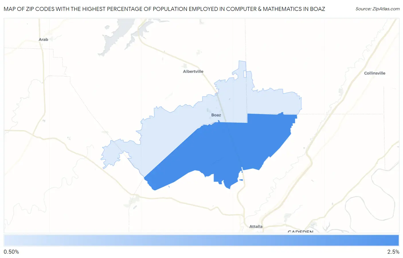 Zip Codes with the Highest Percentage of Population Employed in Computer & Mathematics in Boaz Map