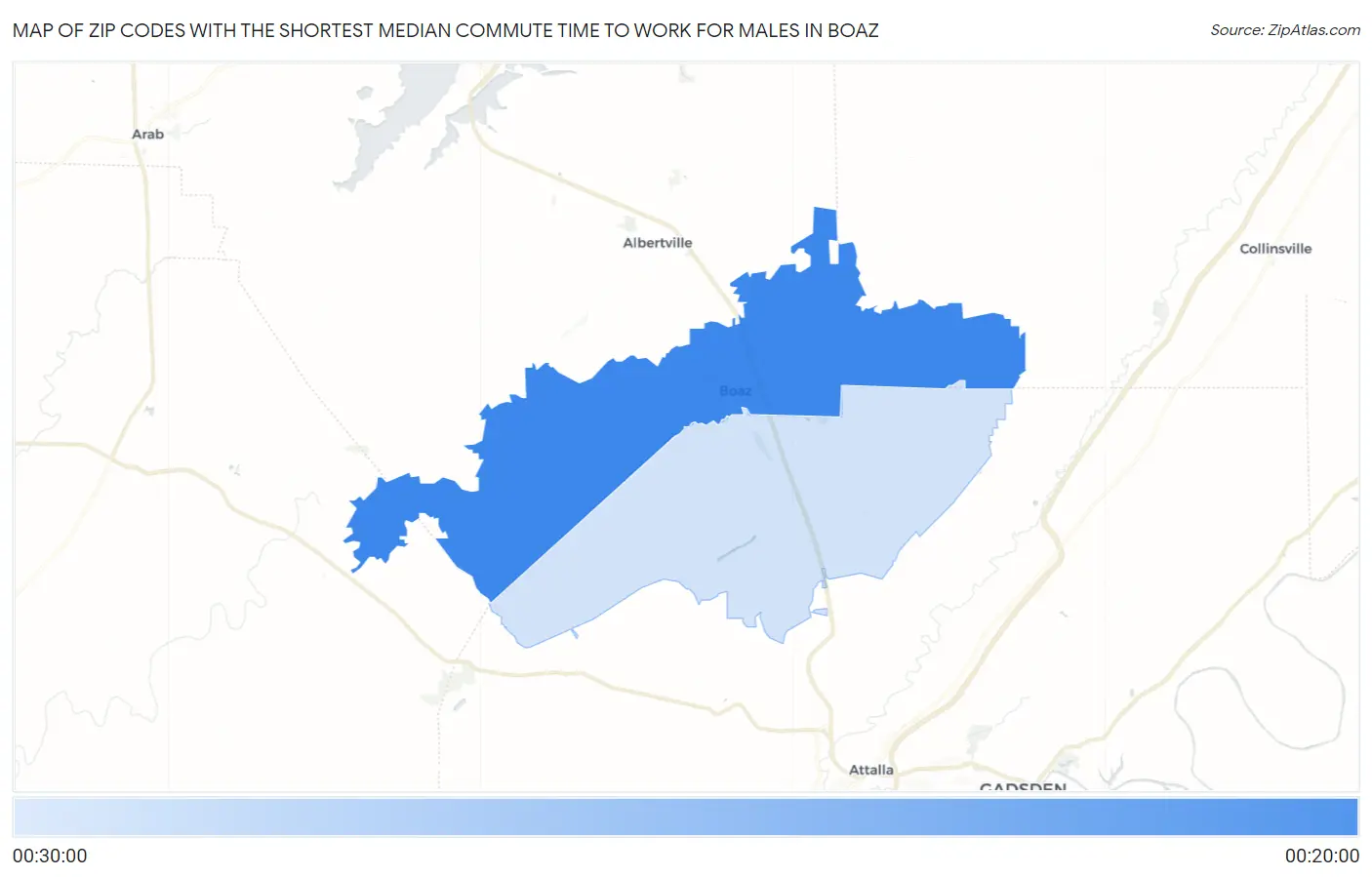Zip Codes with the Shortest Median Commute Time to Work for Males in Boaz Map
