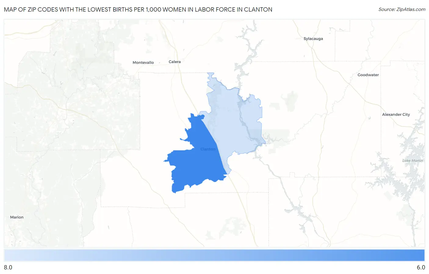 Zip Codes with the Lowest Births per 1,000 Women in Labor Force in Clanton Map