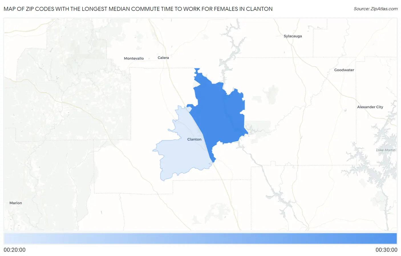 Zip Codes with the Longest Median Commute Time to Work for Females in Clanton Map