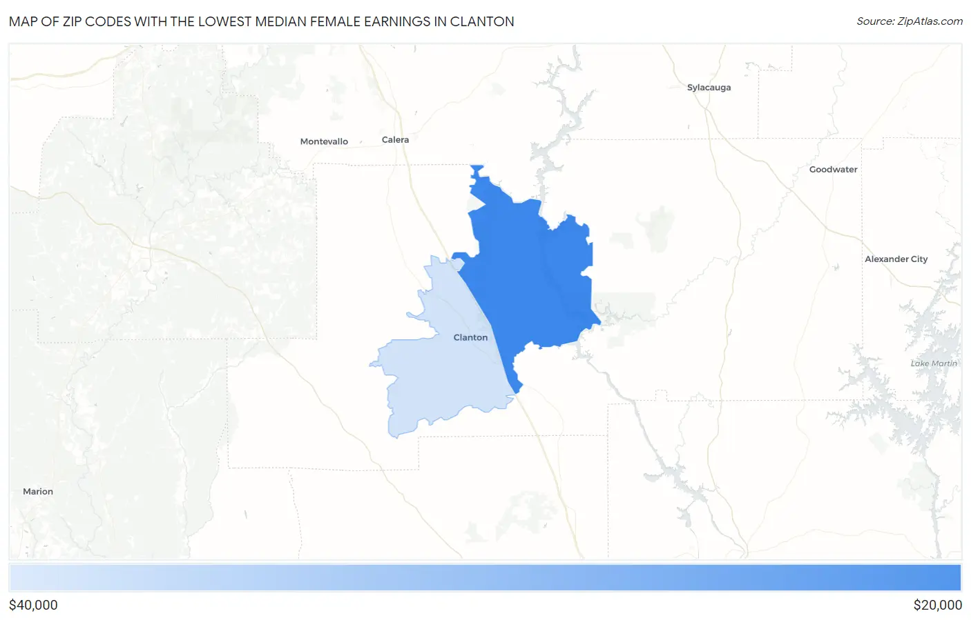 Zip Codes with the Lowest Median Female Earnings in Clanton Map