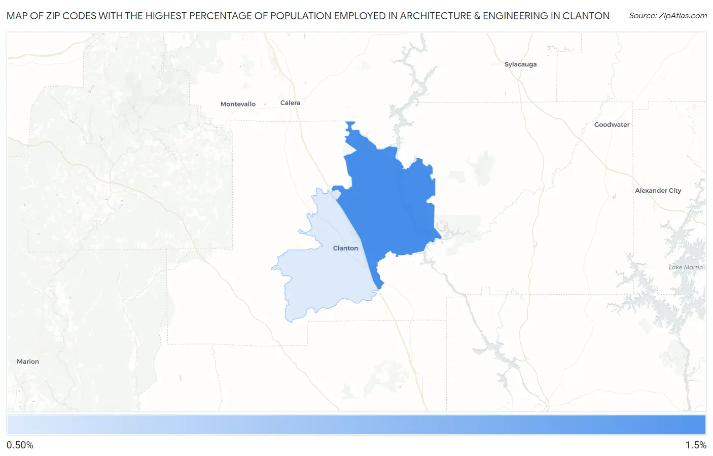 Zip Codes with the Highest Percentage of Population Employed in Architecture & Engineering in Clanton Map