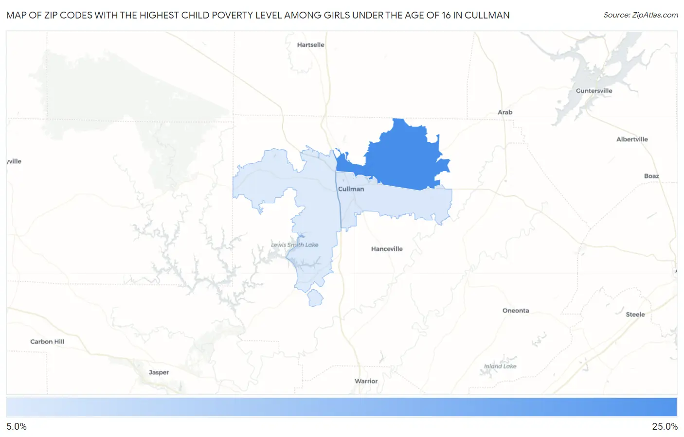 Zip Codes with the Highest Child Poverty Level Among Girls Under the Age of 16 in Cullman Map