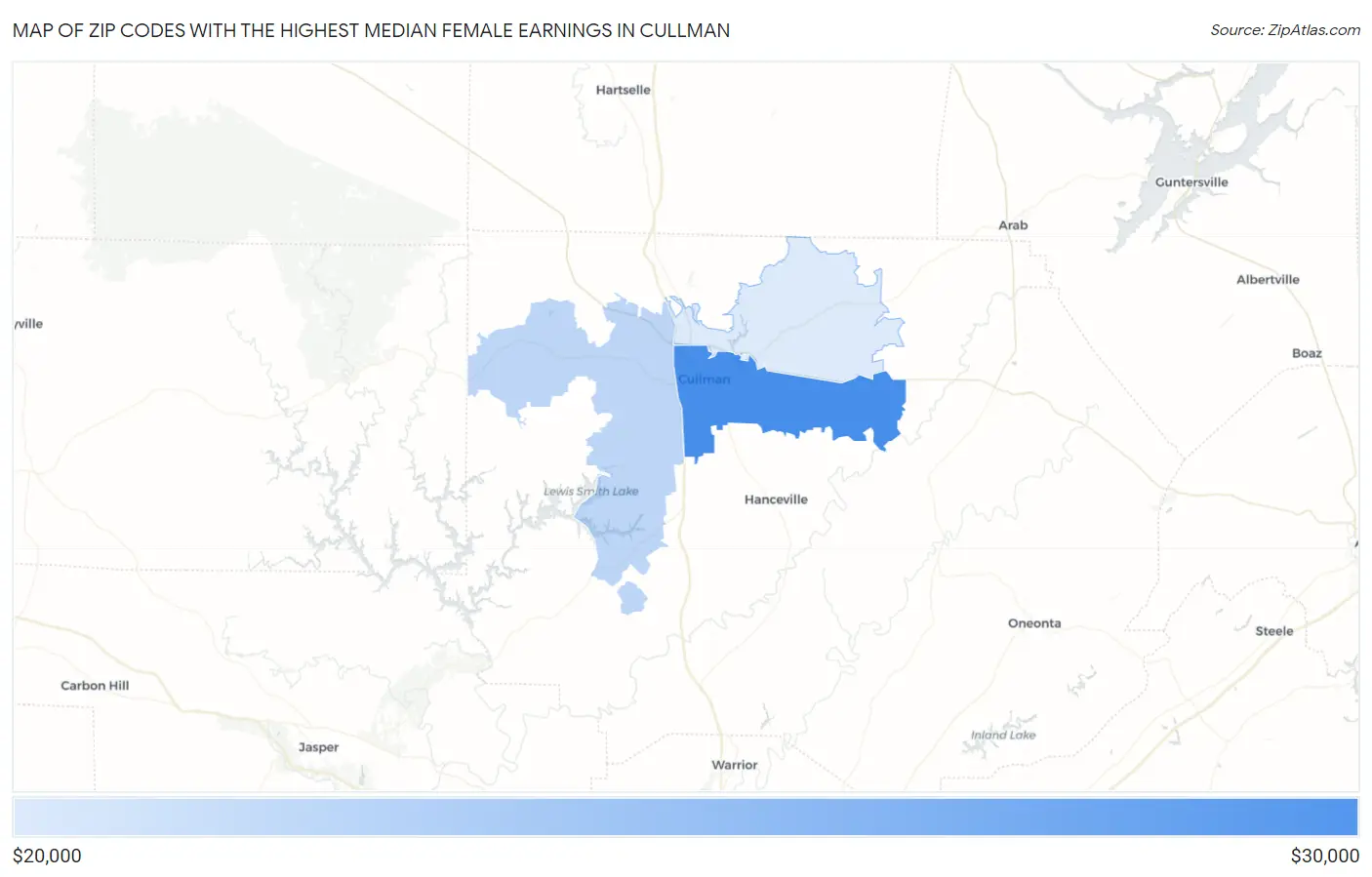 Zip Codes with the Highest Median Female Earnings in Cullman Map
