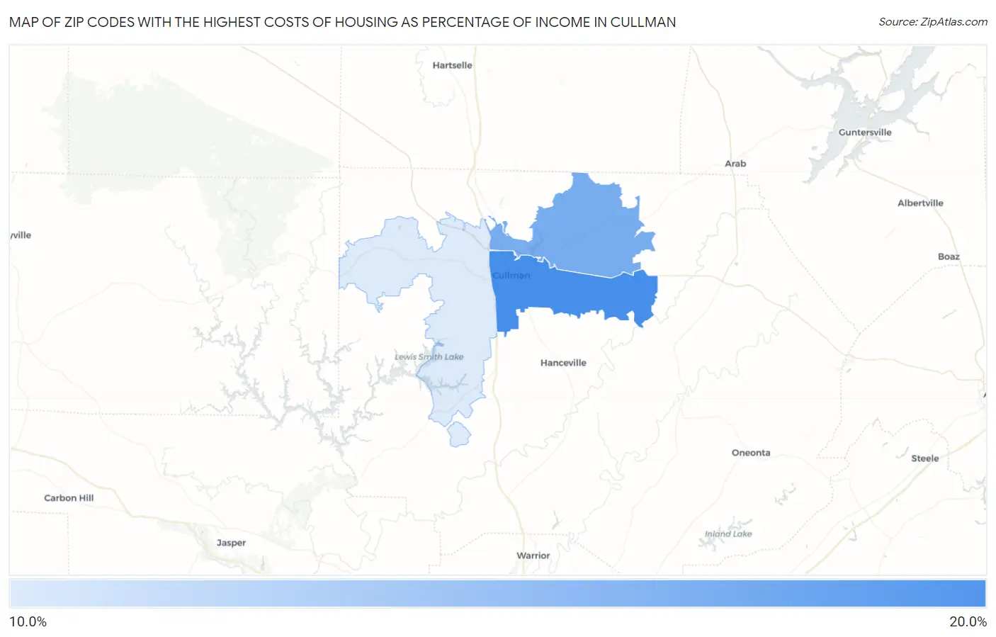Zip Codes with the Highest Costs of Housing as Percentage of Income in Cullman Map
