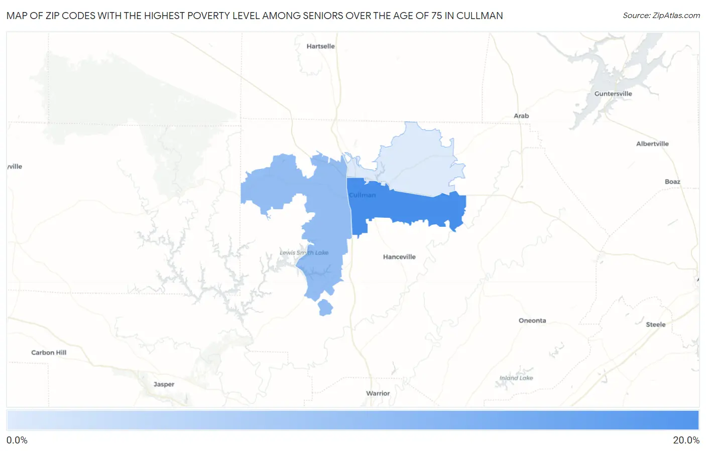 Zip Codes with the Highest Poverty Level Among Seniors Over the Age of 75 in Cullman Map
