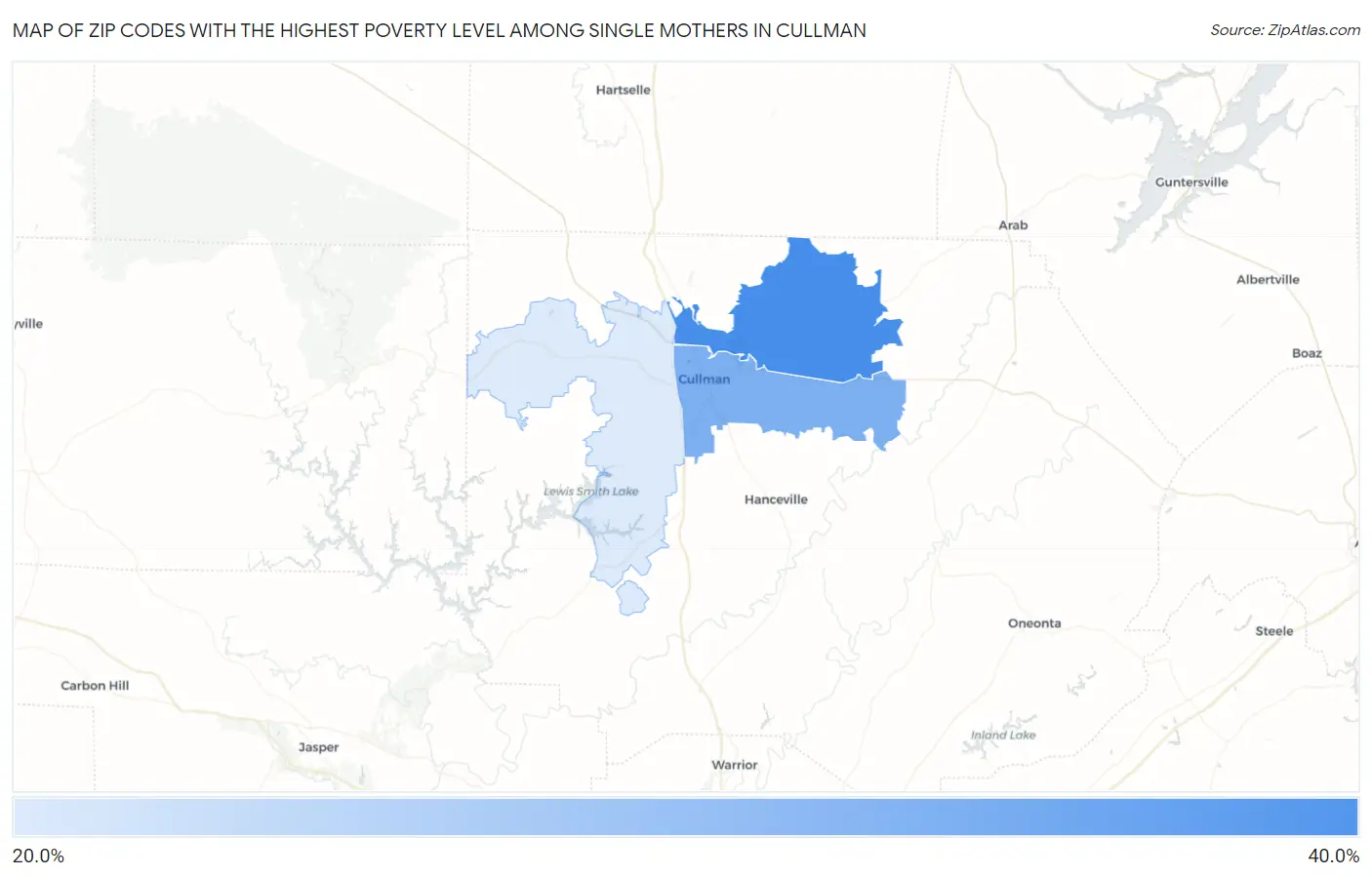 Zip Codes with the Highest Poverty Level Among Single Mothers in Cullman Map