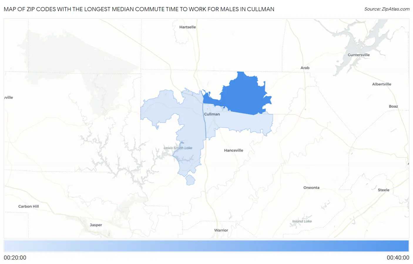 Zip Codes with the Longest Median Commute Time to Work for Males in Cullman Map