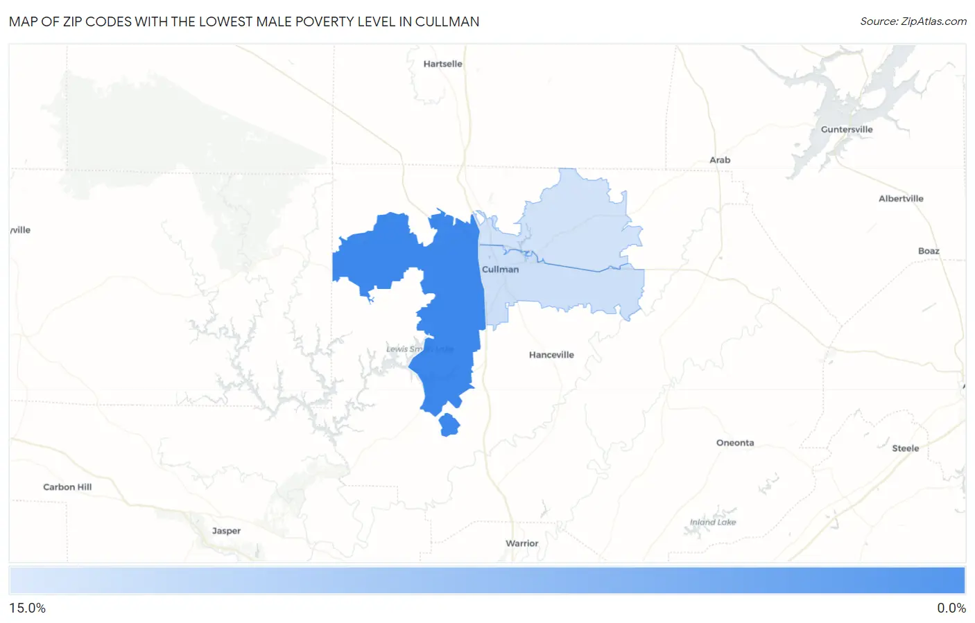 Zip Codes with the Lowest Male Poverty Level in Cullman Map