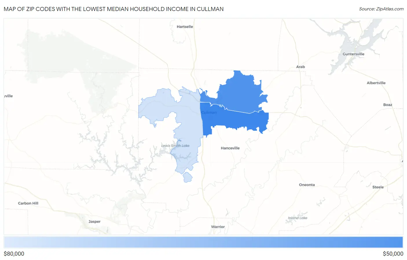 Zip Codes with the Lowest Median Household Income in Cullman Map