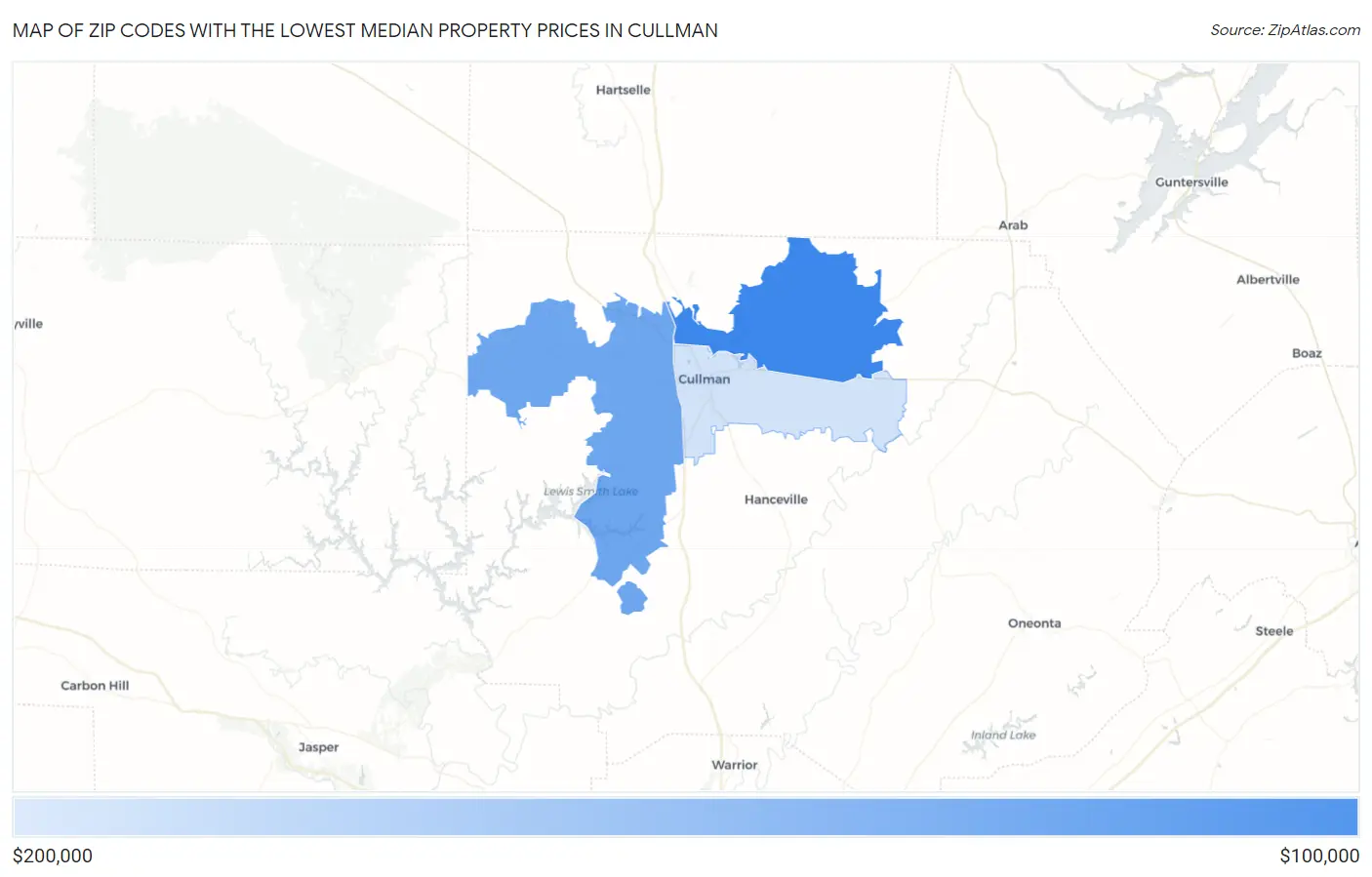 Zip Codes with the Lowest Median Property Prices in Cullman Map