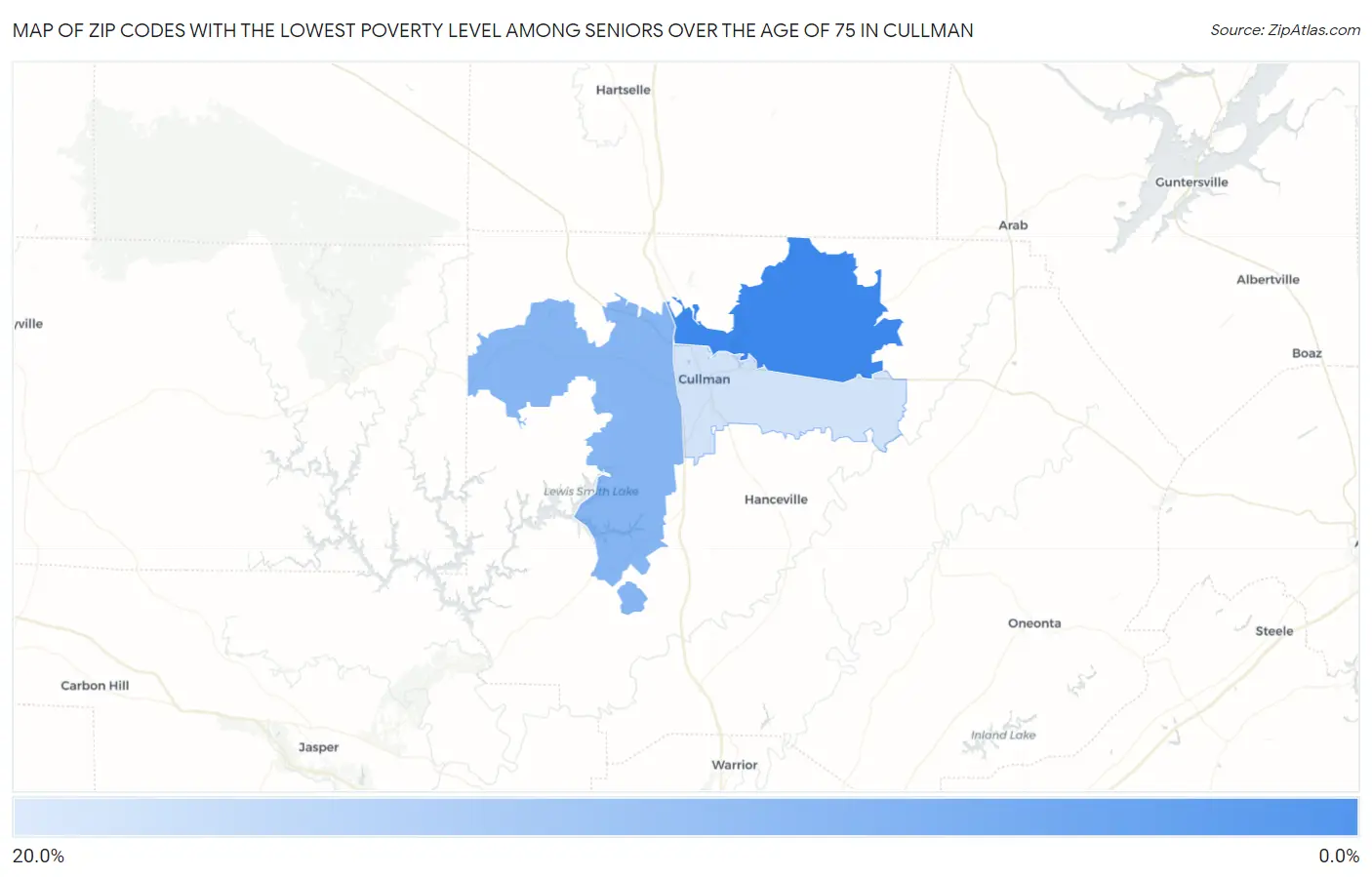 Zip Codes with the Lowest Poverty Level Among Seniors Over the Age of 75 in Cullman Map