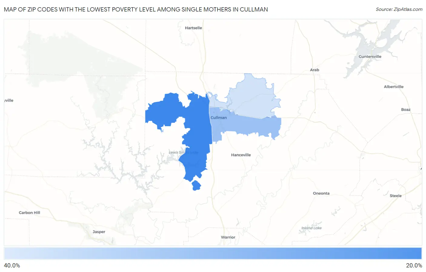Zip Codes with the Lowest Poverty Level Among Single Mothers in Cullman Map