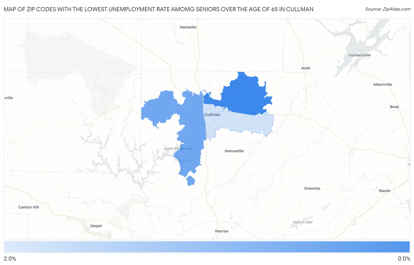 Zip Codes with the Lowest Unemployment Rate Amomg Seniors Over the Age of 65 in Cullman Map
